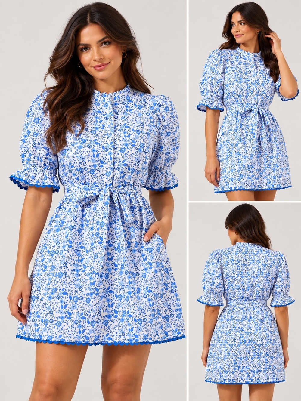Sugarlips Blue and White Floral Puff Sleeve Tie-Waist Mini Dress
